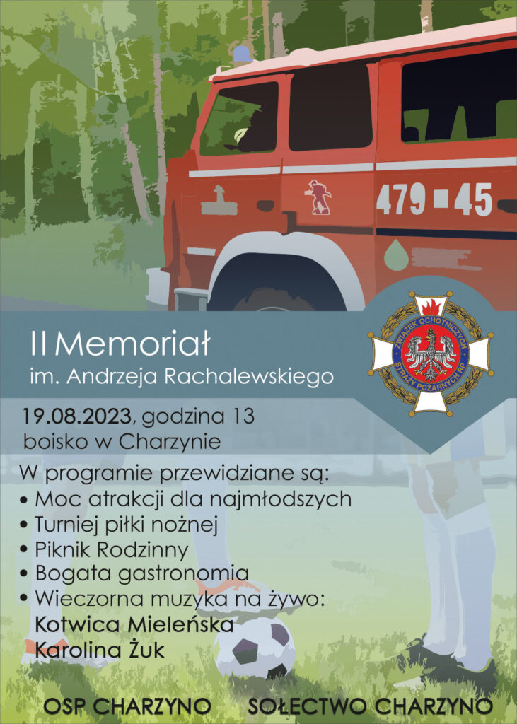 Plakat - zaproszenie na II Memoriał im. Andrzeja Rachalewskiego, który odbędzie się 19 sierpnia 2023 r. na boisku w Charzynie. Początek godz. 13.00.