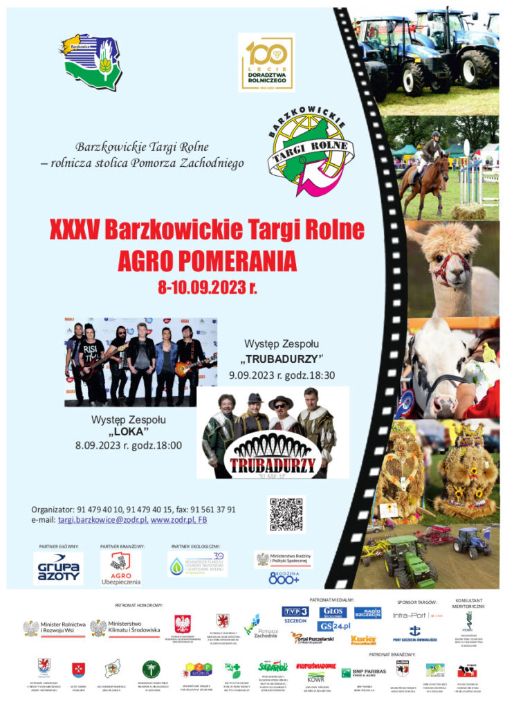 Plakat - zaproszenie na XXXV Barzkowickie Targi Rolne AGRO POMERANIA, które odbędą się w dniach 8-10 września 2023 r. w Barzkowicach.